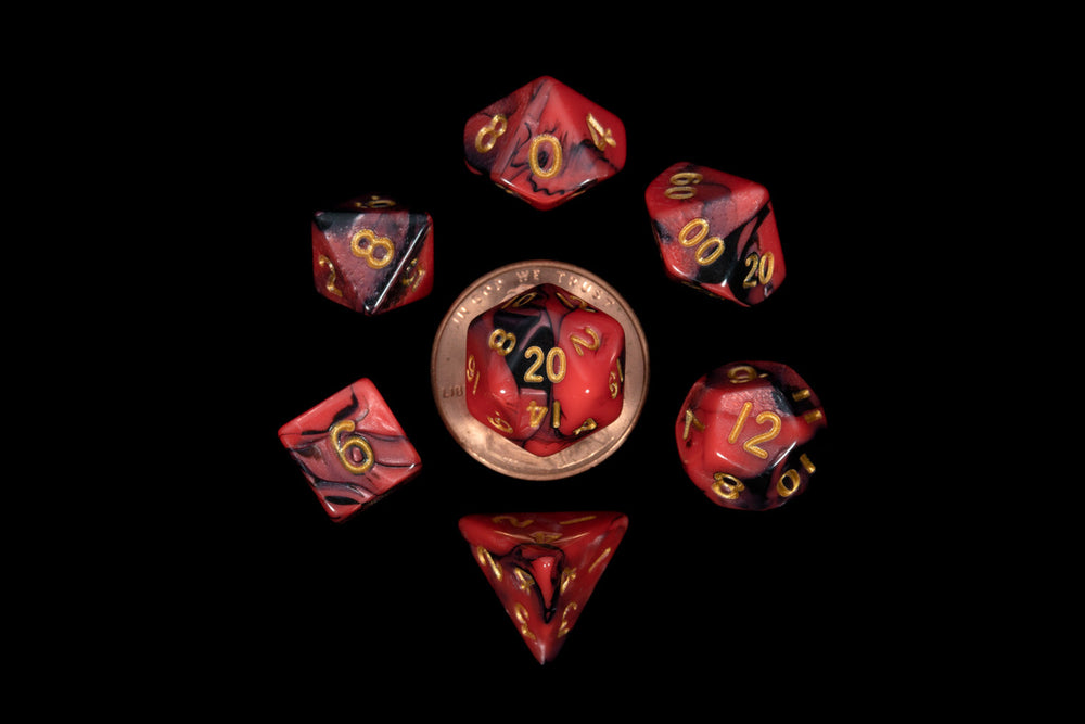 Black and Red Marble with Gold Numbers 10mm Mini Poly Dice Set - Image 1 - Dice & Accessories - Image - Pop Weasel