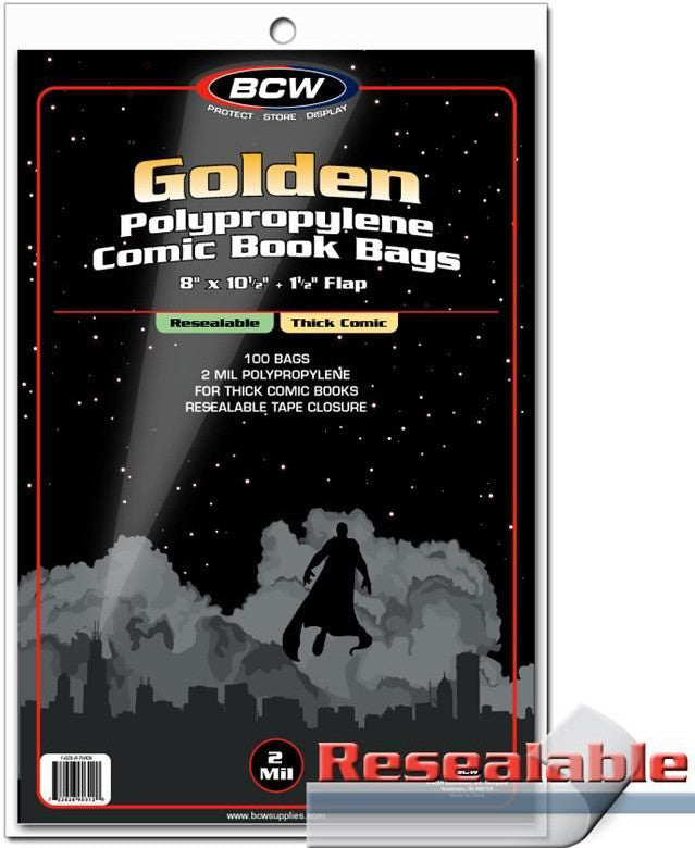 BCW Comic Book Bags Resealable Golden Age Comic Books Thick (8" x 10" 1/2) (100 Bags Per Pack) - Comic Accessories - Image - Pop Weasel